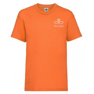 1.klase 2024, Oranžs T-krekls ar skolas emblēmu un vārdu