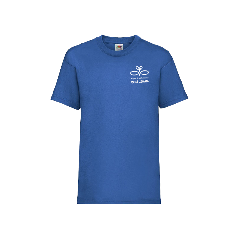 Zils T-krekls ar skolas emblēmu un vārdu